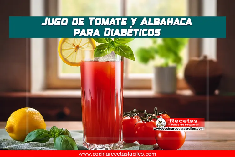 Jugo natural de tomate y albahaca servido con hielo y decorado con limón