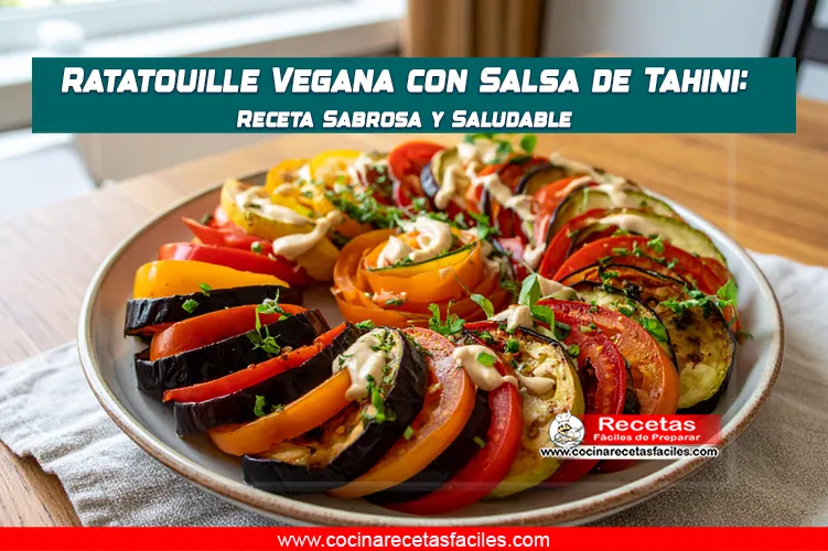 Ratatouille vegana con salsa de tahini servida en espiral sobre un plato de cerámica