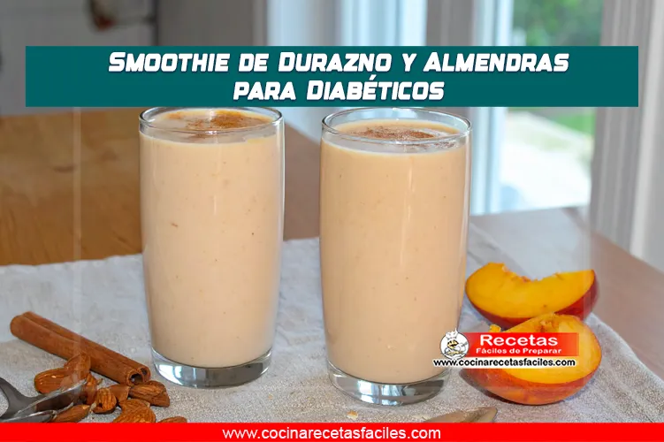 Smoothie de durazno y almendras servido en vaso sobre mesa rústica con decoración natural