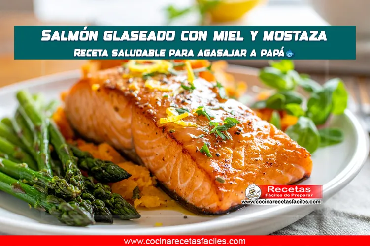 Salmón glaseado con miel y mostaza servido con espárragos y puré