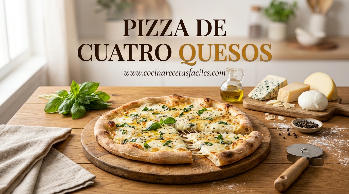 Pizza de cuatro quesos casera con mozzarella, gorgonzola, parmesano y provolone gratinados sobre tabla de madera con albahaca y luz natural de ventana
