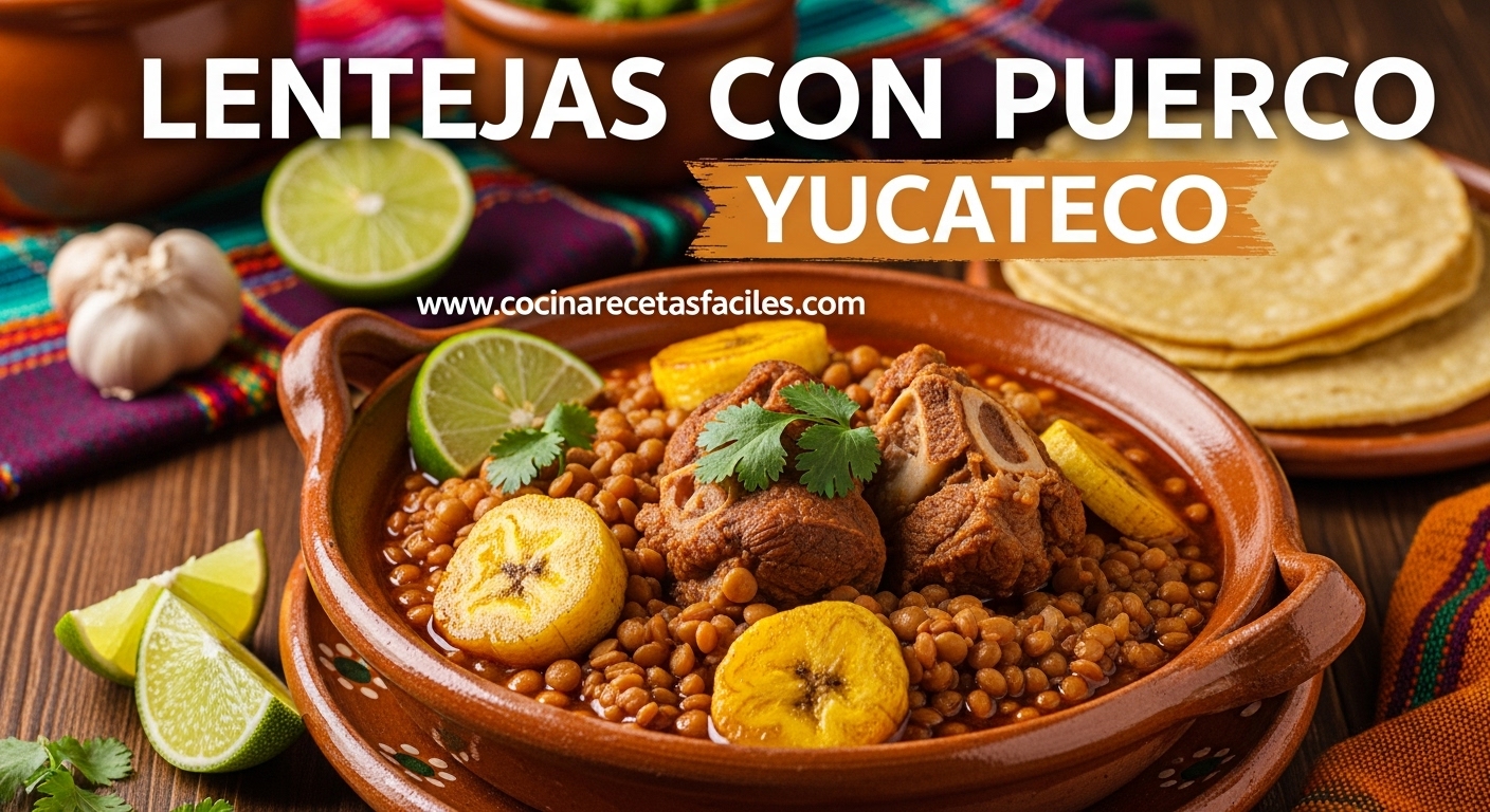 Plato de lentejas con puerco yucateco servido en bowl de barro con plátano macho y tortillas de maíz