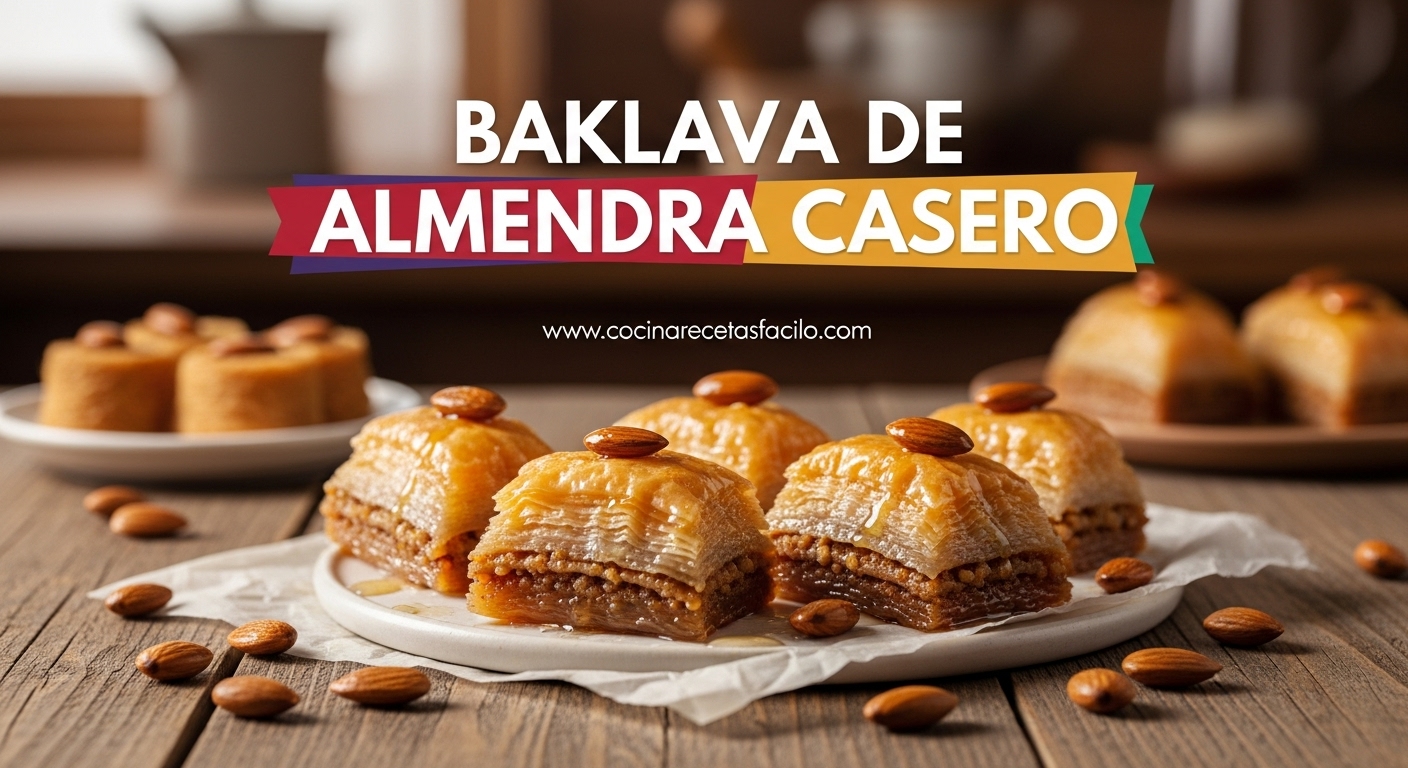 Baklava de almendra casero con capas crujientes de masa filo, almíbar dorado y almendras tostadas en mesa de madera