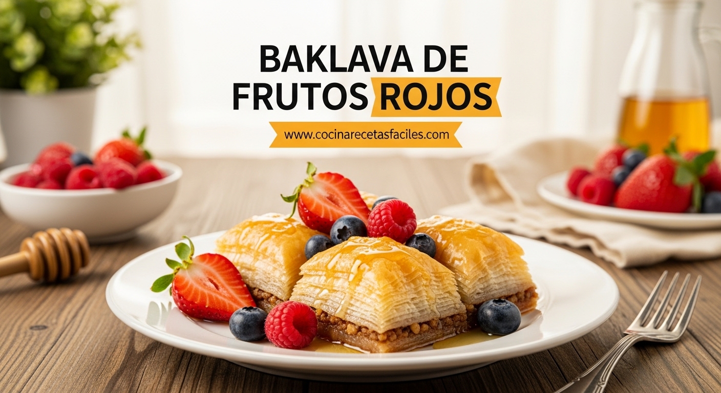Baklava de frutos rojos casero con masa filo dorada, fresas, frambuesas y arándanos frescos, servido en plato blanco sobre mesa de madera