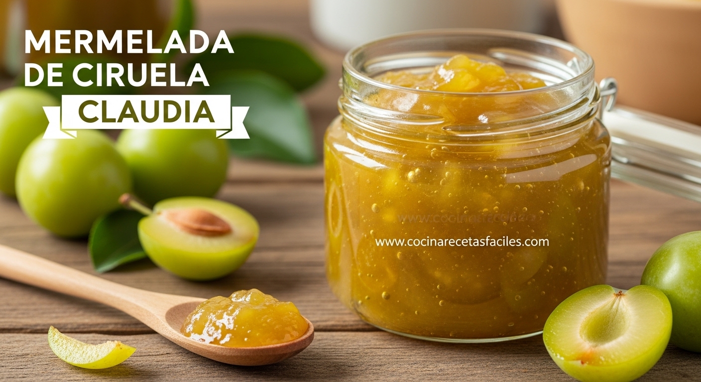 Frasco abierto de mermelada casera de ciruela Claudia con ciruelas frescas alrededor sobre mesa de madera rústica