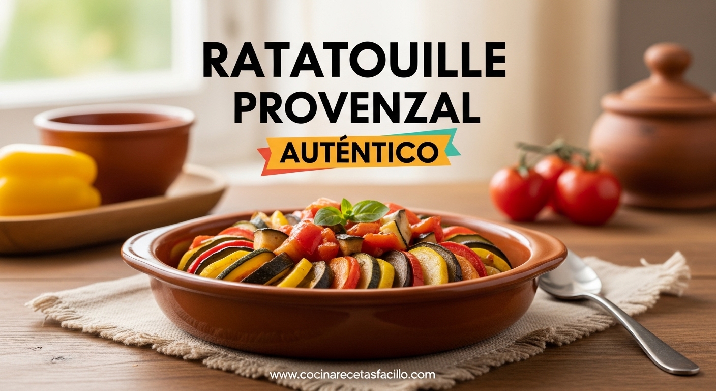 Ratatouille provenzal auténtico servido en bowl de cerámica rústica con verduras mediterráneas perfectamente cortadas