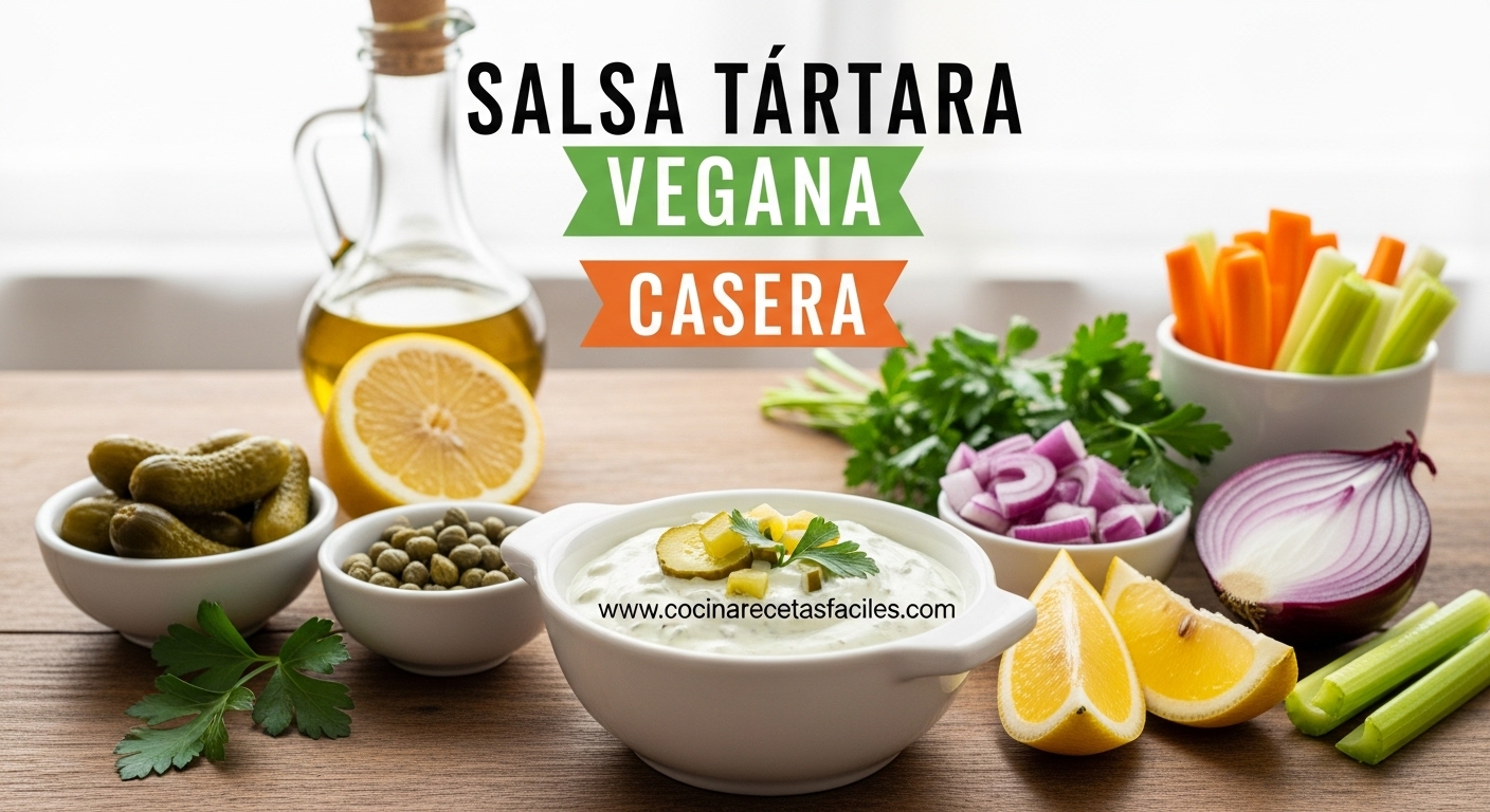 Bowl con salsa tártara vegana casera cremosa acompañada de ingredientes frescos sobre mesa de madera rústica