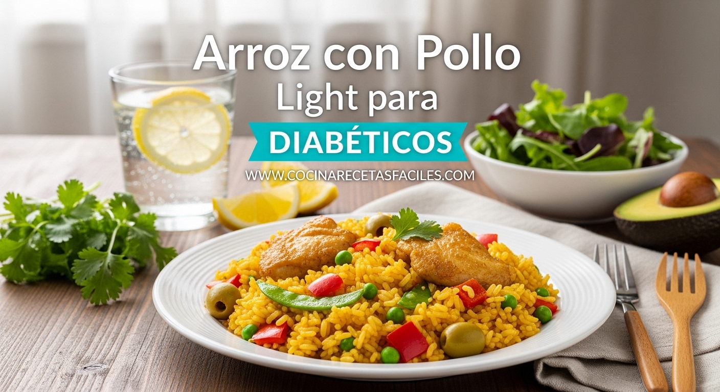 Arroz con pollo light para diabéticos servido en paellera sobre mesa de madera, con arroz integral dorado, pollo, arvejas y pimientos rojos