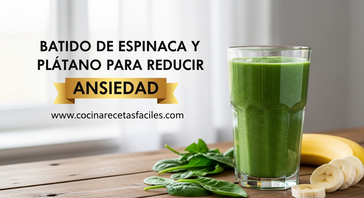 Vaso alto con batido verde cremoso de espinaca y plátano sobre mesa de madera rústica, decorado con hojas frescas de espinaca y rodaja de plátano, iluminación natural