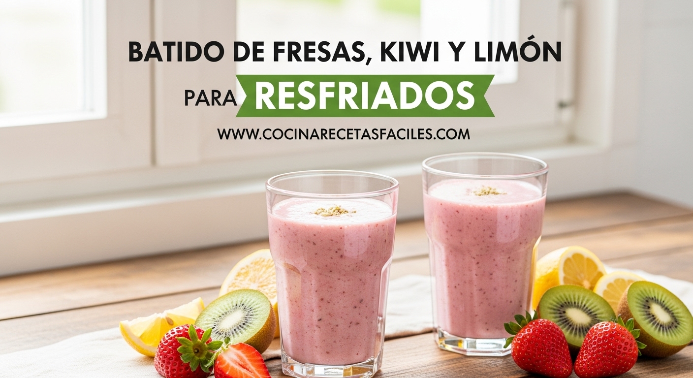 Batido natural de fresas, kiwi y limón servido en vasos altos, rico en vitamina C para combatir resfriados, rodeado de frutas frescas