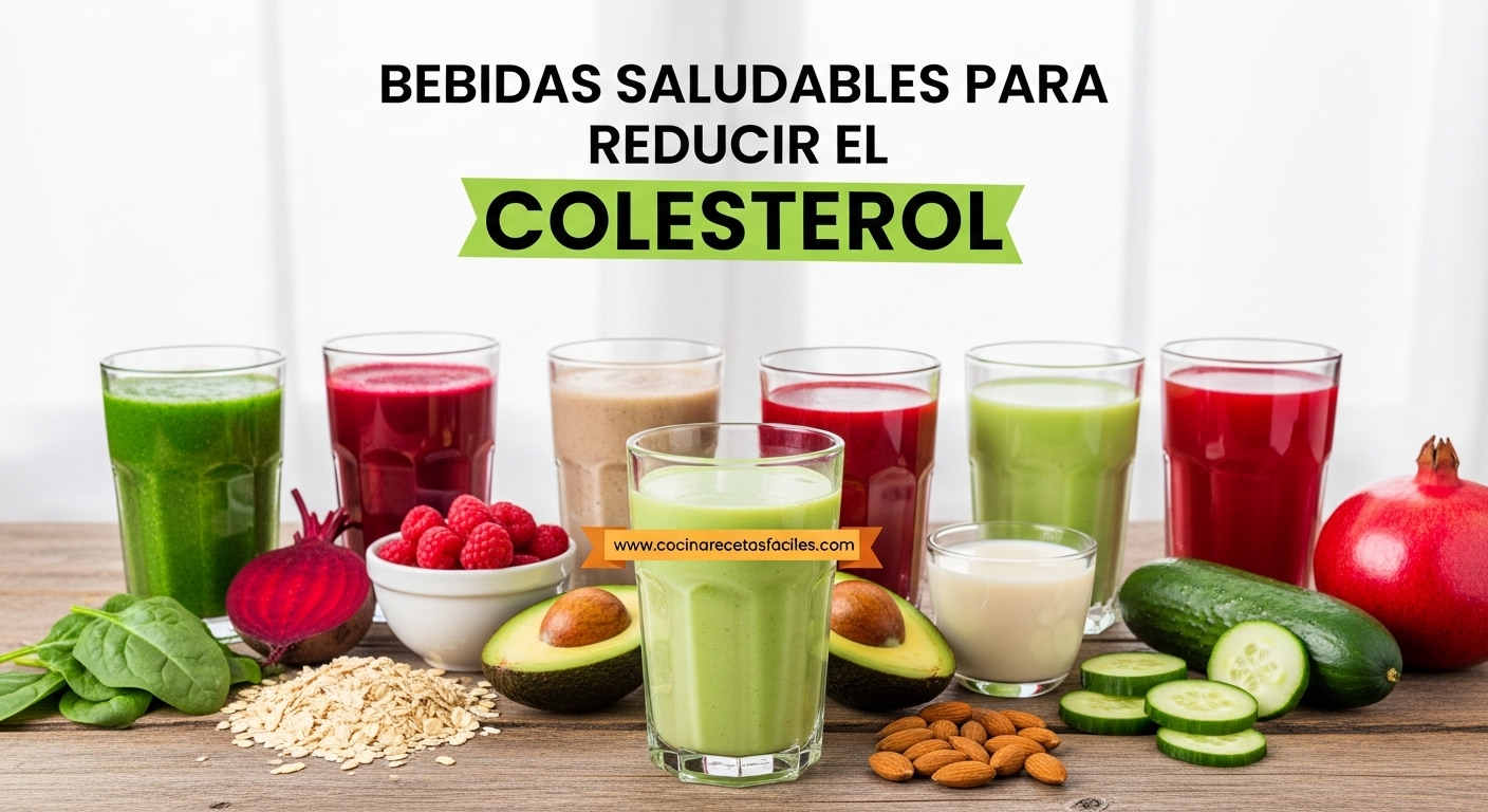 Vasos con jugos y batidos naturales como remolacha, avena, frutos rojos, aguacate, pepino y granada, ideales para reducir el colesterol.