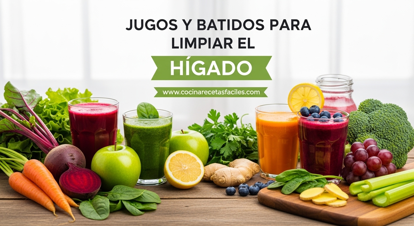 Variedad de jugos y batidos naturales para limpiar el hígado con ingredientes frescos como remolacha, zanahoria, vegetales verdes y frutas