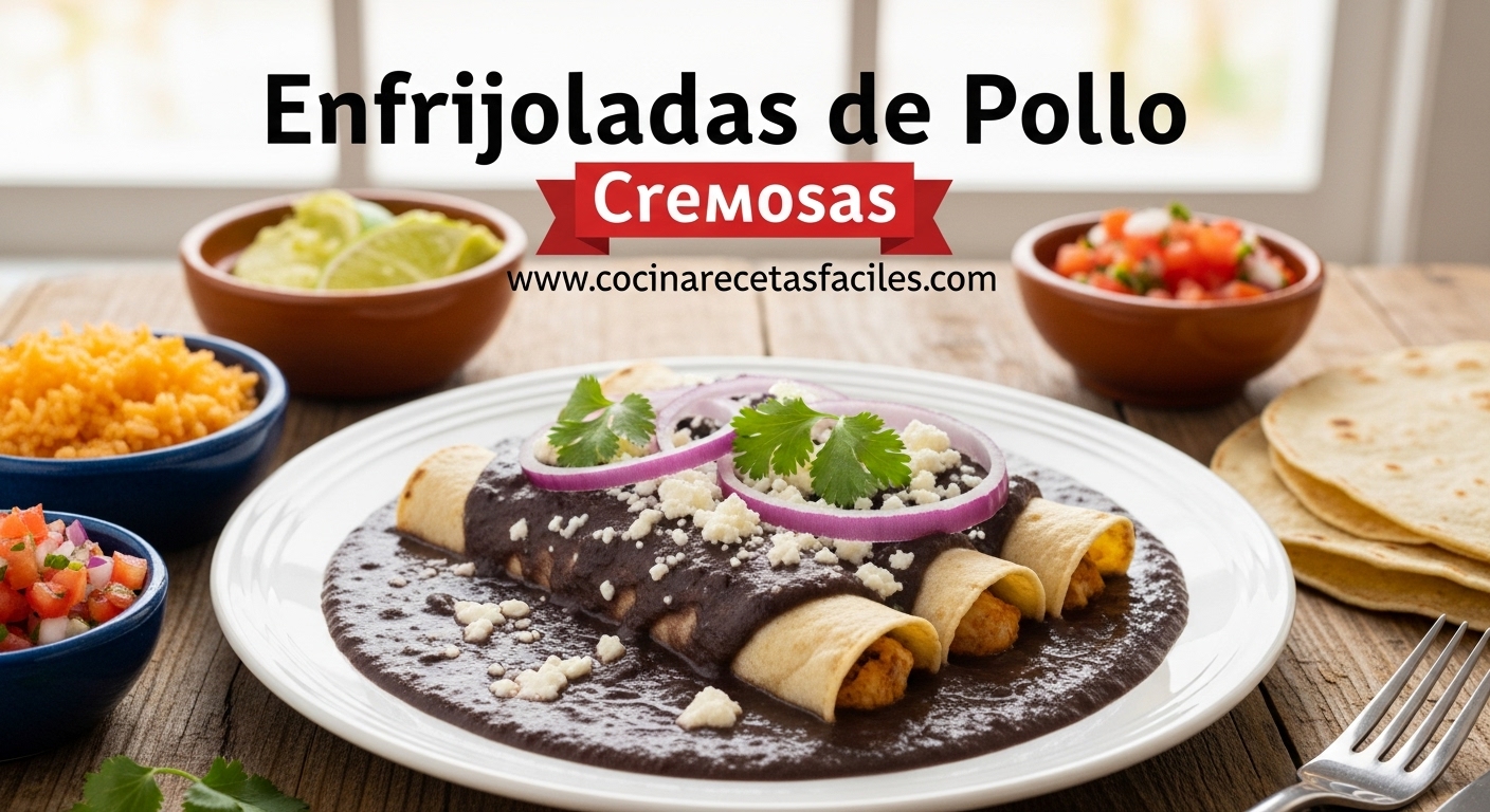 Enfrijoladas de pollo cremosas con salsa de frijoles negros, queso fresco y cebolla morada sobre mesa de madera rústica