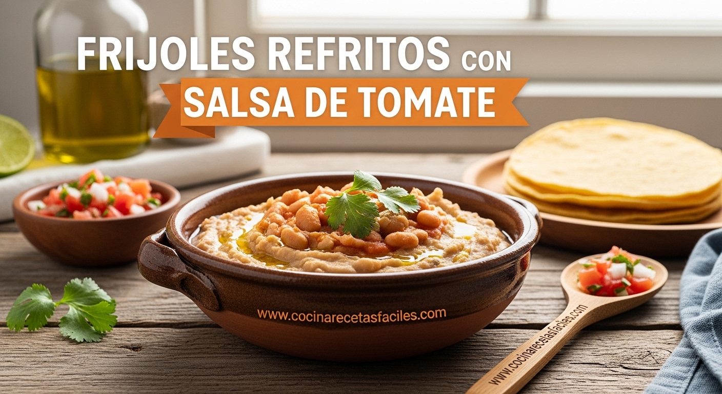 Frijoles refritos cremosos con salsa de tomate casera servidos en bowl rústico, guarnición mexicana tradicional