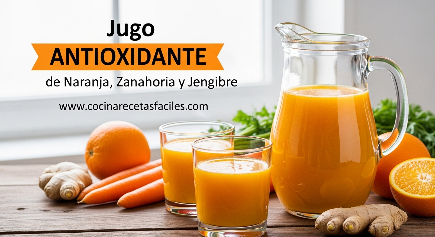 Jugo antioxidante de naranja, zanahoria y jengibre servido en vasos de vidrio sobre mesa de madera con ingredientes frescos alrededor