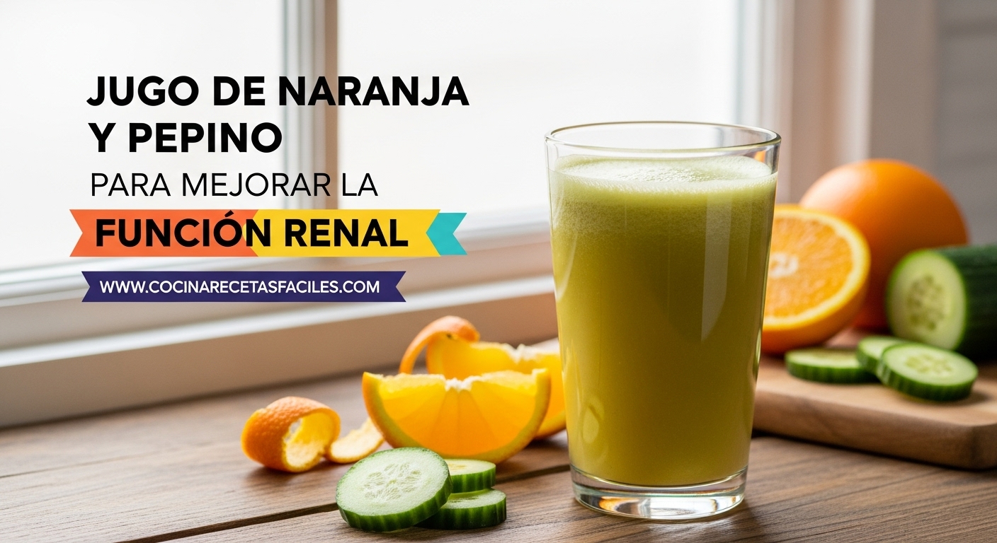 Vaso de jugo detox de naranja y pepino sobre mesa de madera con ingredientes frescos para mejorar la función renal