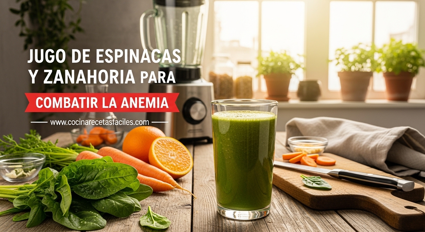 Jugo verde y naranja de espinacas y zanahoria en vaso alto sobre mesa de madera, rodeado de ingredientes frescos, receta natural para combatir la anemia