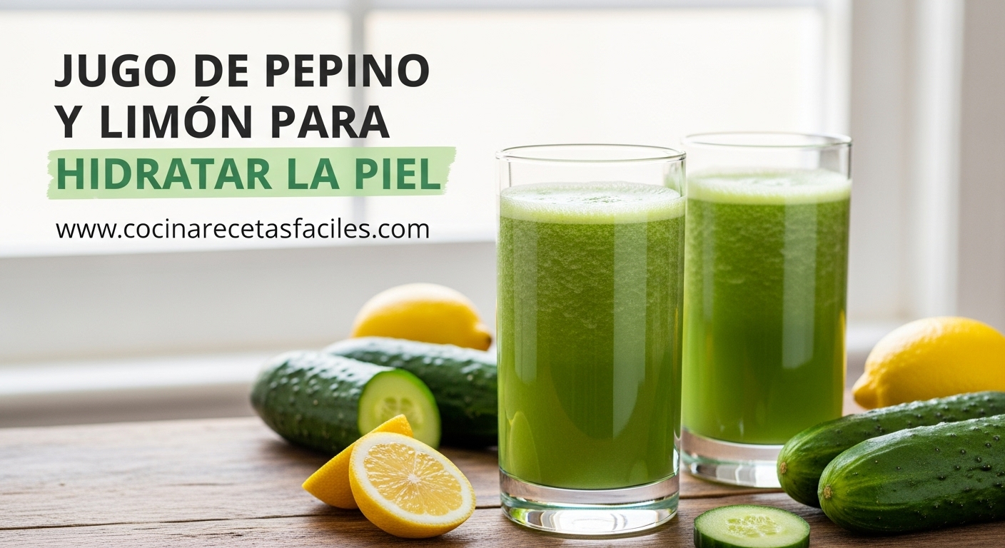 Vasos con jugo fresco de pepino y limón servido con hielo, rodajas de pepino, limón y menta sobre mesa de madera rústica