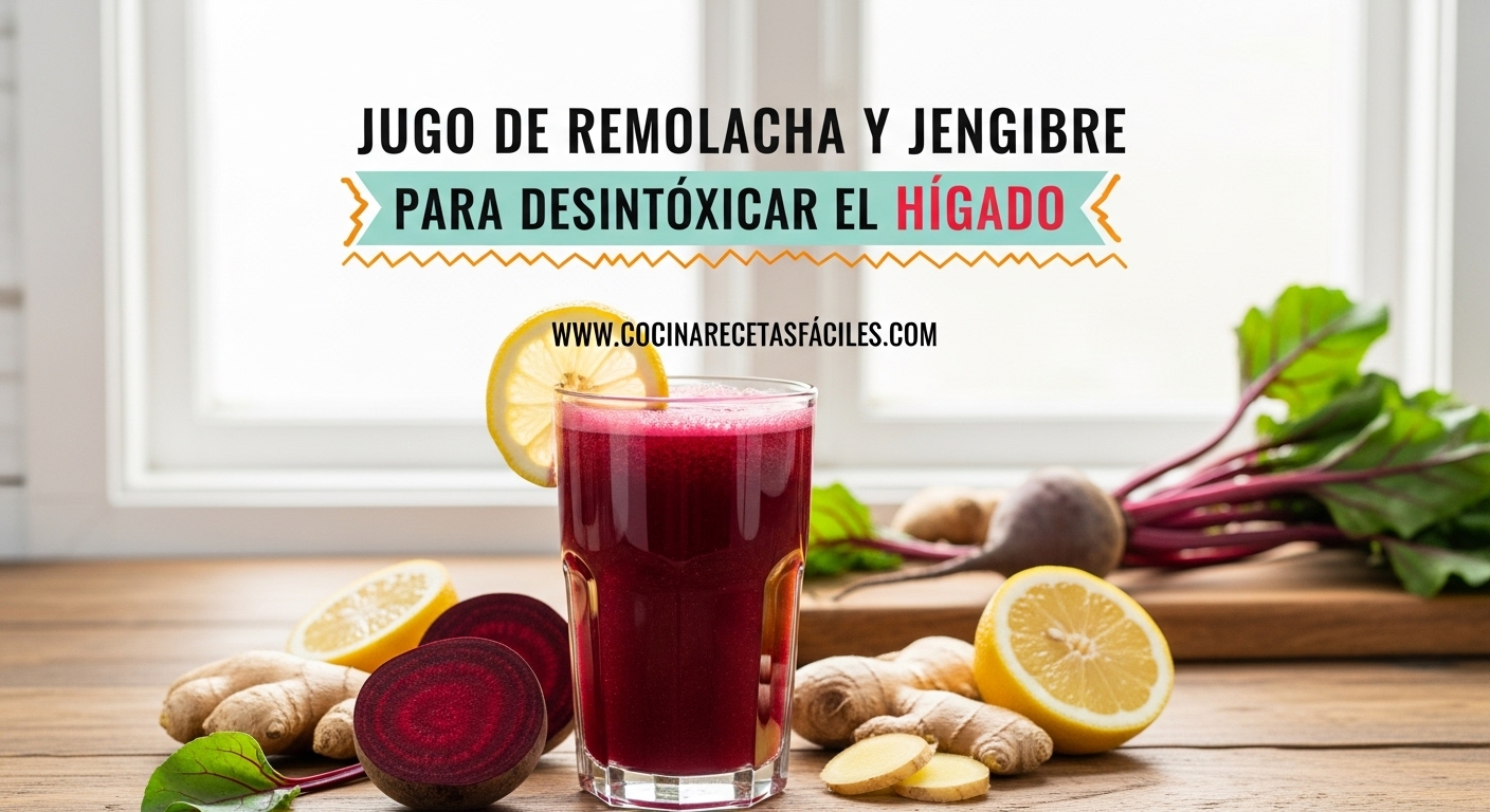 Vaso alto con jugo rojo de remolacha, jengibre y limón sobre mesa de madera junto a ingredientes frescos para desintoxicar el hígado