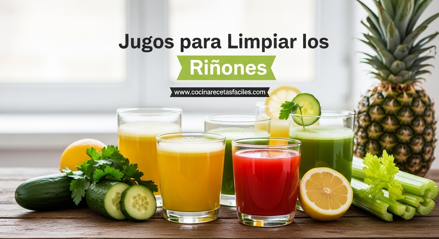Variedad de jugos naturales con pepino, limón, perejil, piña y apio sobre mesa de madera para limpiar y cuidar los riñones.