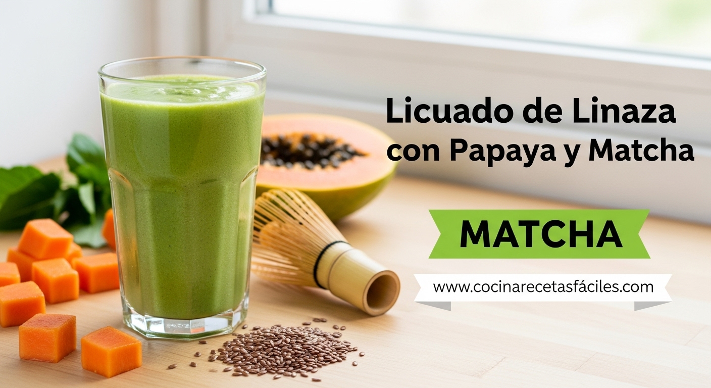 Licuado verde de linaza con papaya y matcha en vaso transparente sobre mesa de madera con luz natural, receta saludable para desayuno energético