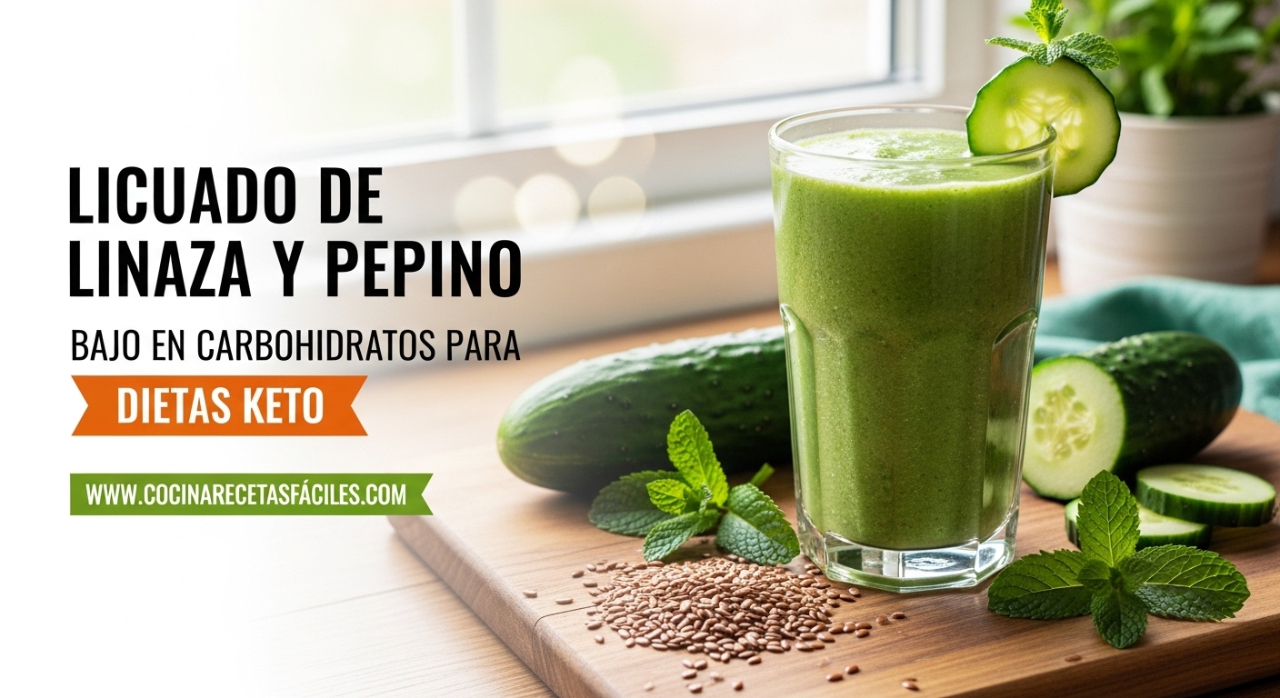 Licuado verde de linaza y pepino keto servido en vaso alto transparente sobre mesa de madera con ingredientes frescos y decoración de menta