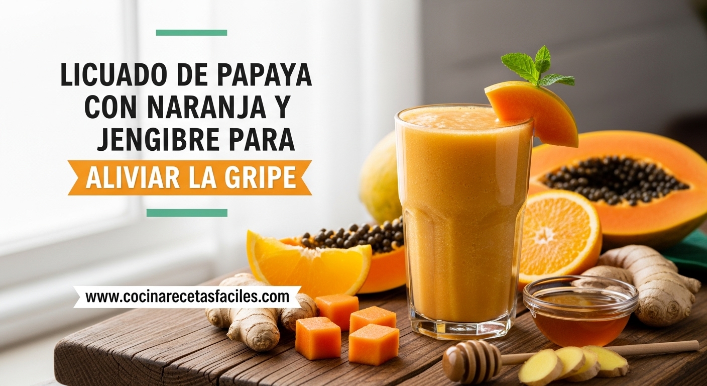 Vaso alto con licuado dorado de papaya, naranja y jengibre para combatir la gripe, servido sobre mesa de madera rĂșstica con decoraciĂłn natural de rodajas de naranja