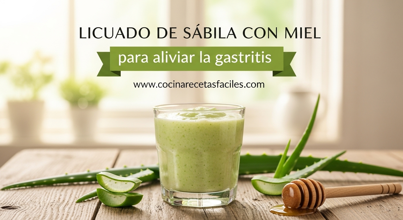 Licuado de sábila con miel para gastritis servido en vaso de vidrio sobre mesa de madera rústica con ingredientes naturales