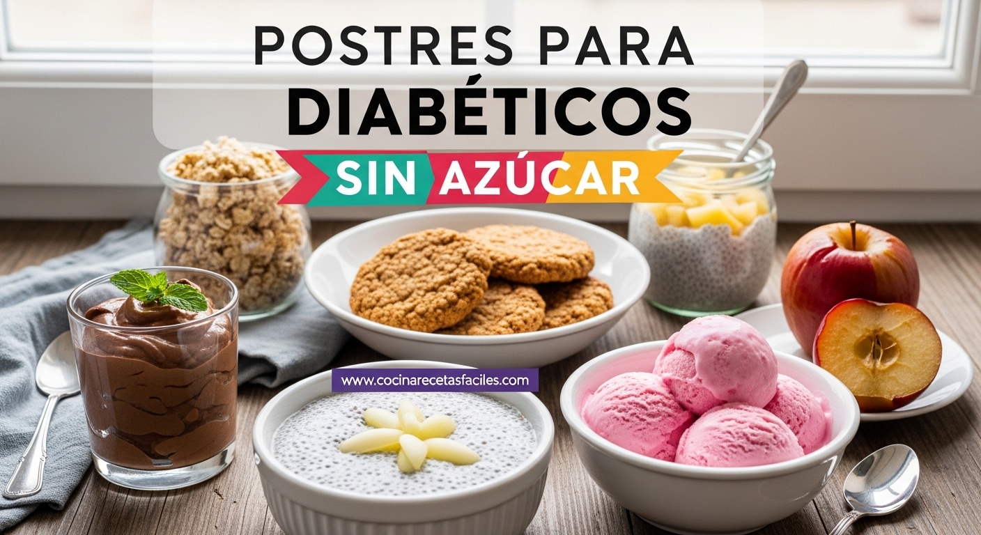 Variedad de postres saludables y sin azúcar para diabéticos, incluyendo mousse de chocolate, galletas de avena y helado de yogur, presentados en una mesa de cocina.