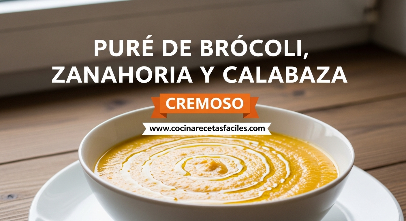 Puré cremoso de brócoli, zanahoria y calabaza de color naranja uniforme servido en bowl blanco sobre mesa de madera con aceite de oliva