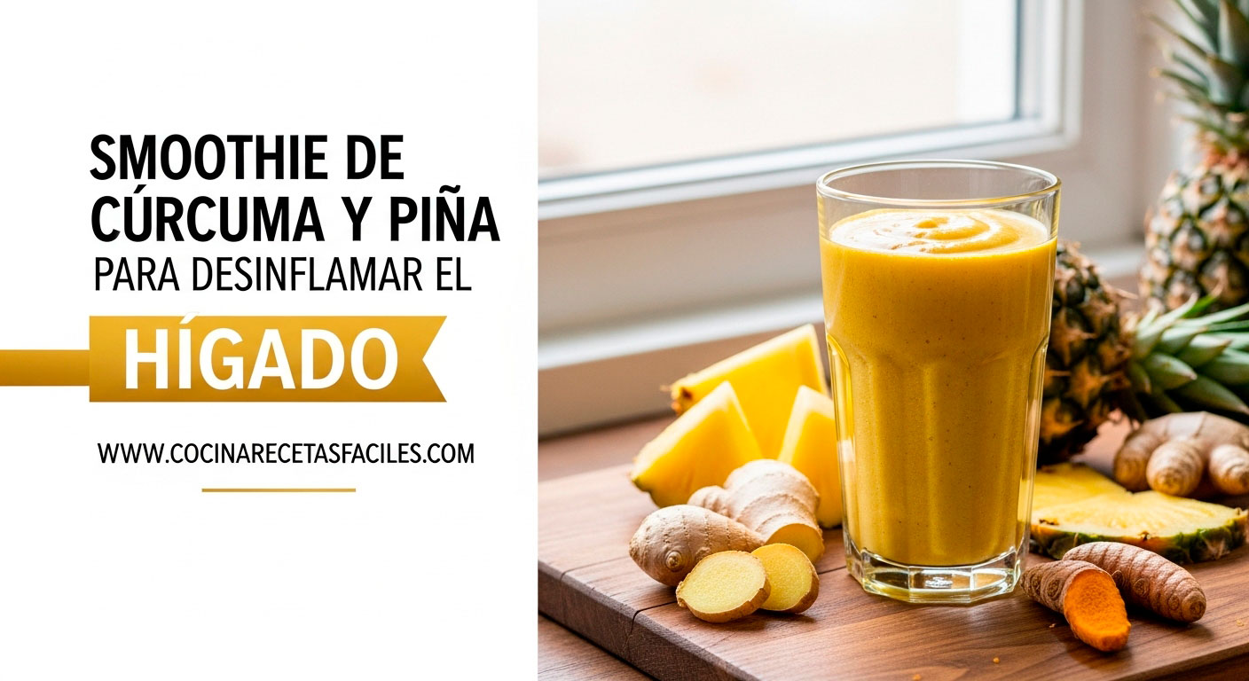 Smoothie dorado de cúrcuma y piña en vaso alto sobre mesa de madera, garnish de piña fresca y cúrcuma espolvoreada, iluminación natural