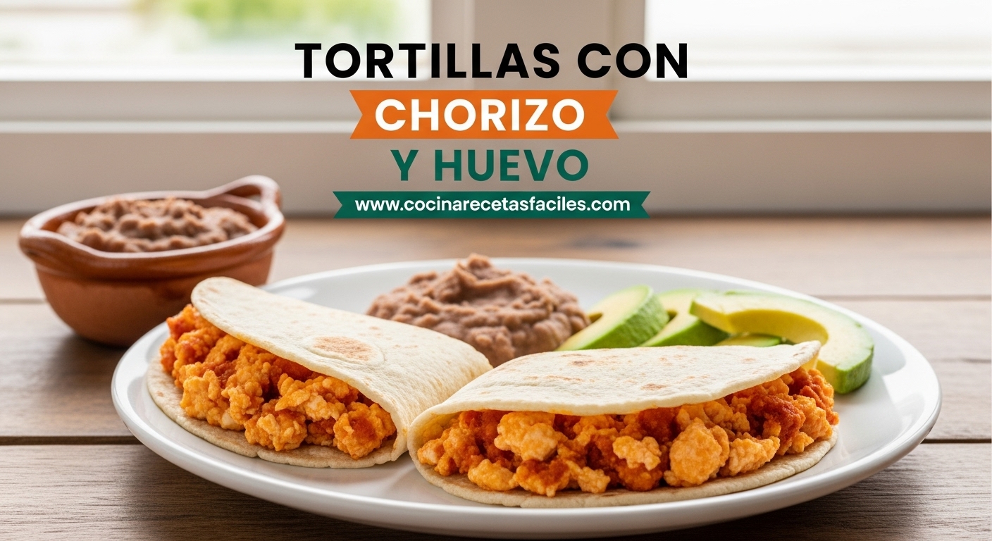 Tortillas de harina rellenas de chorizo y huevo servidas en plato sobre mesa de madera rústica
