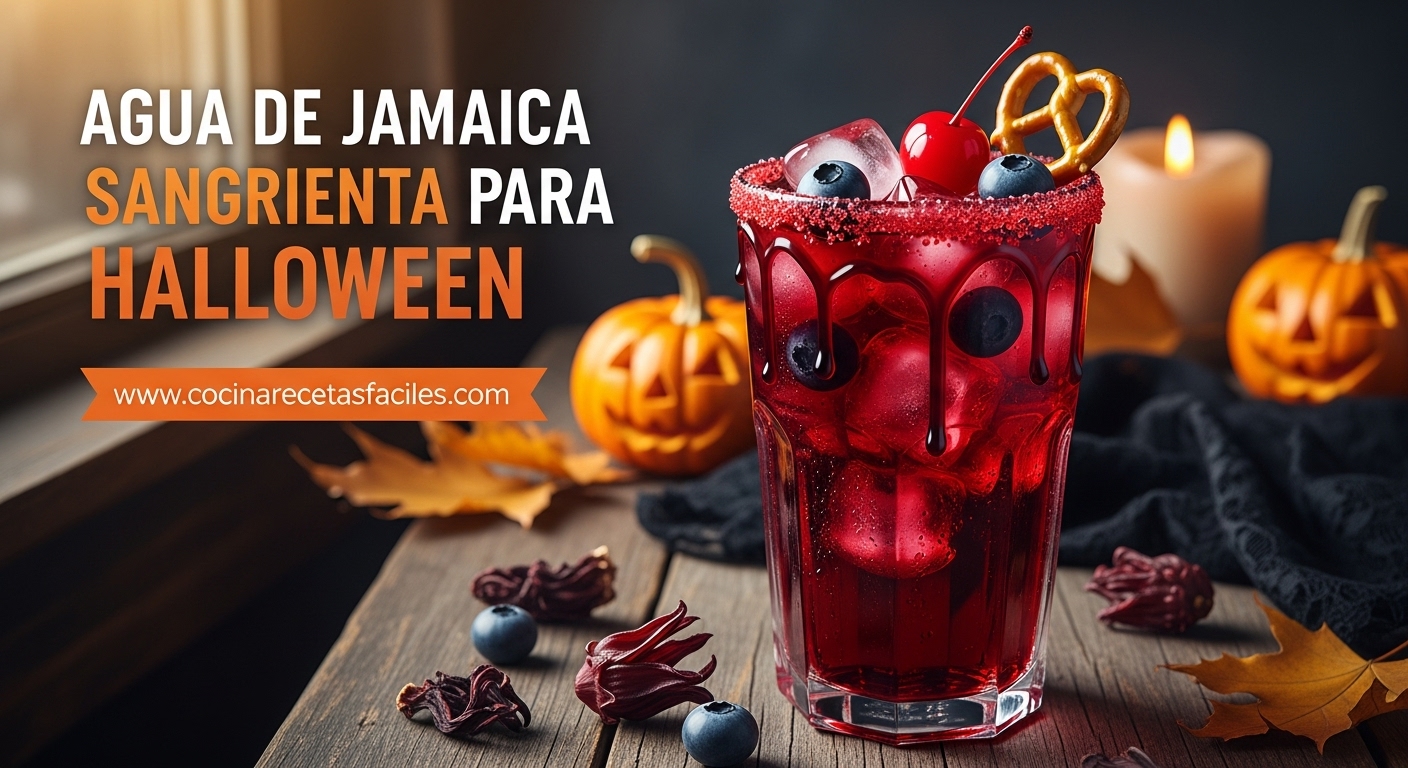 Vaso alto con agua de jamaica sangrienta para Halloween decorado con efecto de sangre goteando, arándanos flotantes y cereza, sobre mesa de madera rústica con decoración de Halloween