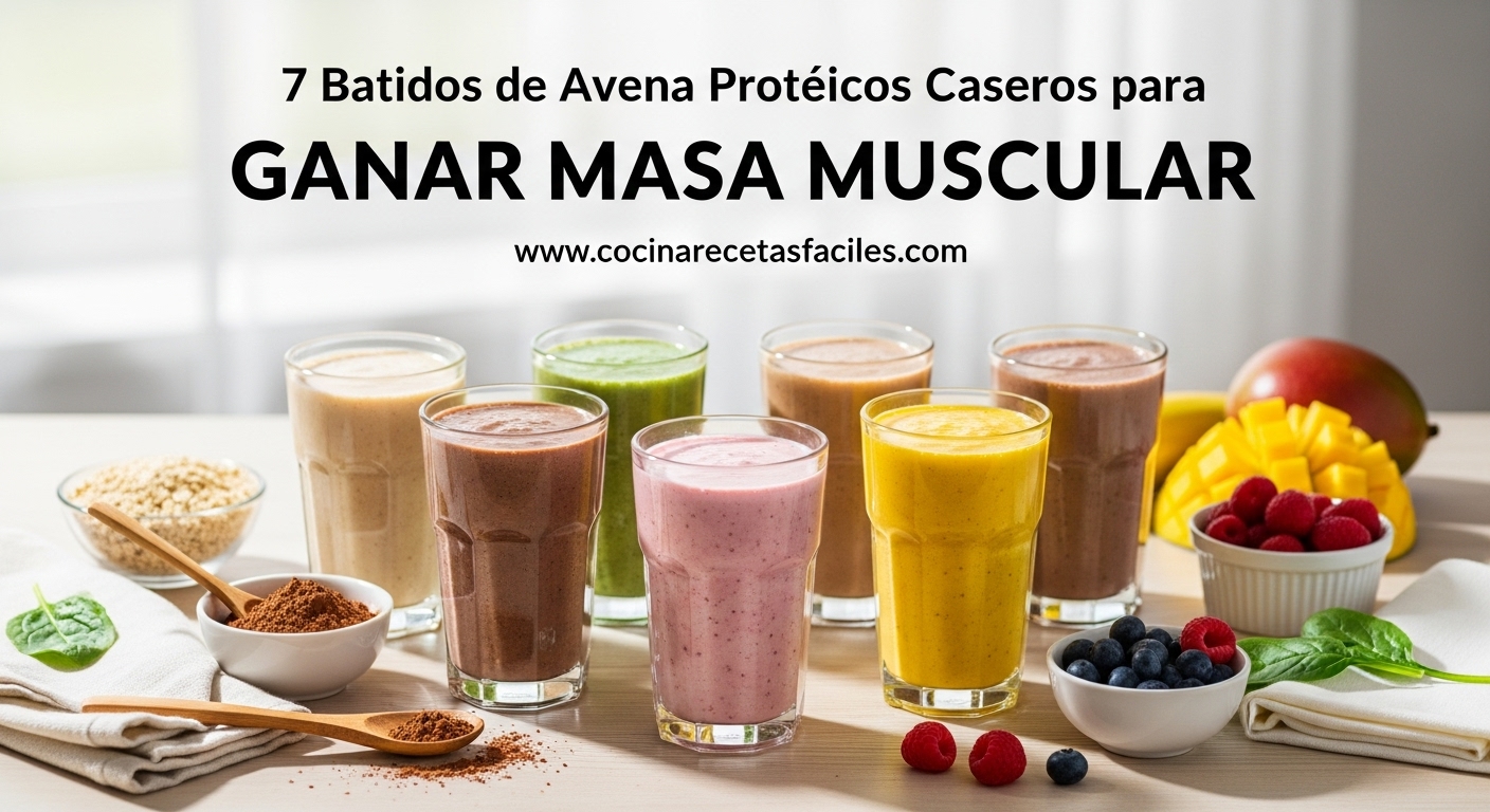 Imagen de 7 batidos coloridos de avena con frutas y nueces sobre encimera de madera, ideal para ganar masa muscular y energía diaria, accesible para lectores con discapacidades visuales describiendo texturas cremosas y ingredientes frescos.