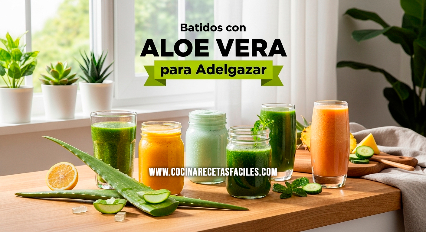 Batidos con aloe vera para adelgazar en diferentes vasos de cristal sobre encimera de madera rústica, decorados con hojas de aloe vera fresca, limón y piña, con luz natural de ventana