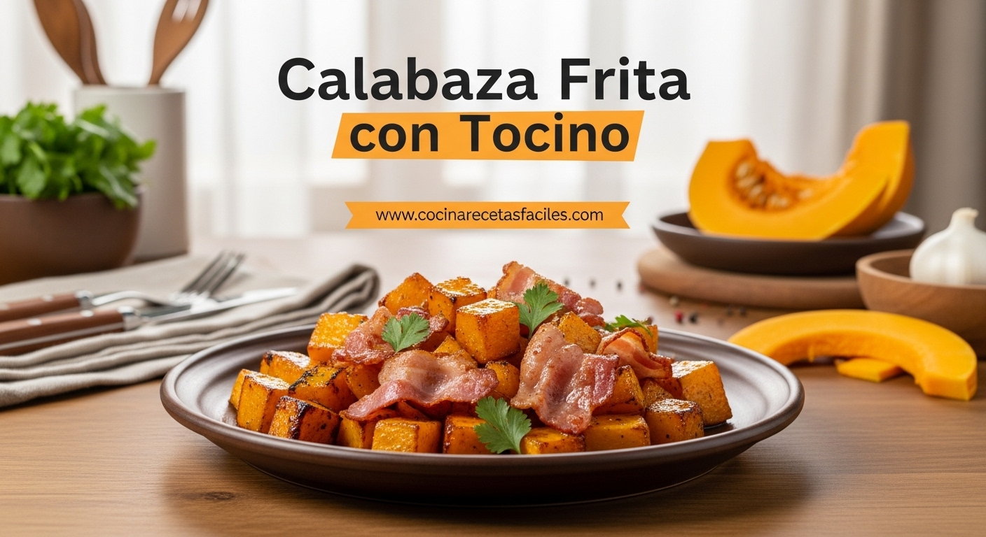 Plato de calabaza frita con tocino crujiente servido en un plato rústico sobre mesa de madera con luz natural