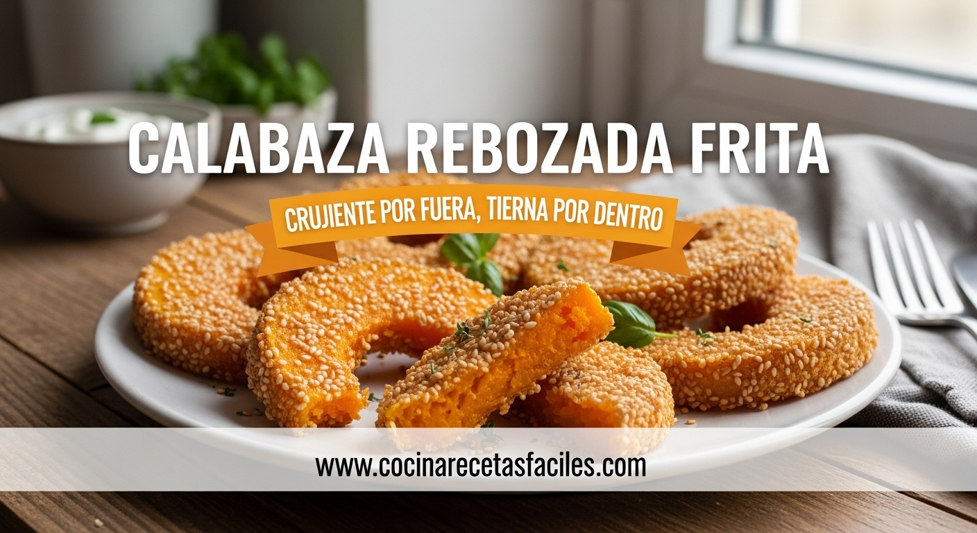 Calabaza rebozada frita crujiente servida en plato blanco sobre mesa de madera con salsa de yogur, mostrando textura dorada perfecta