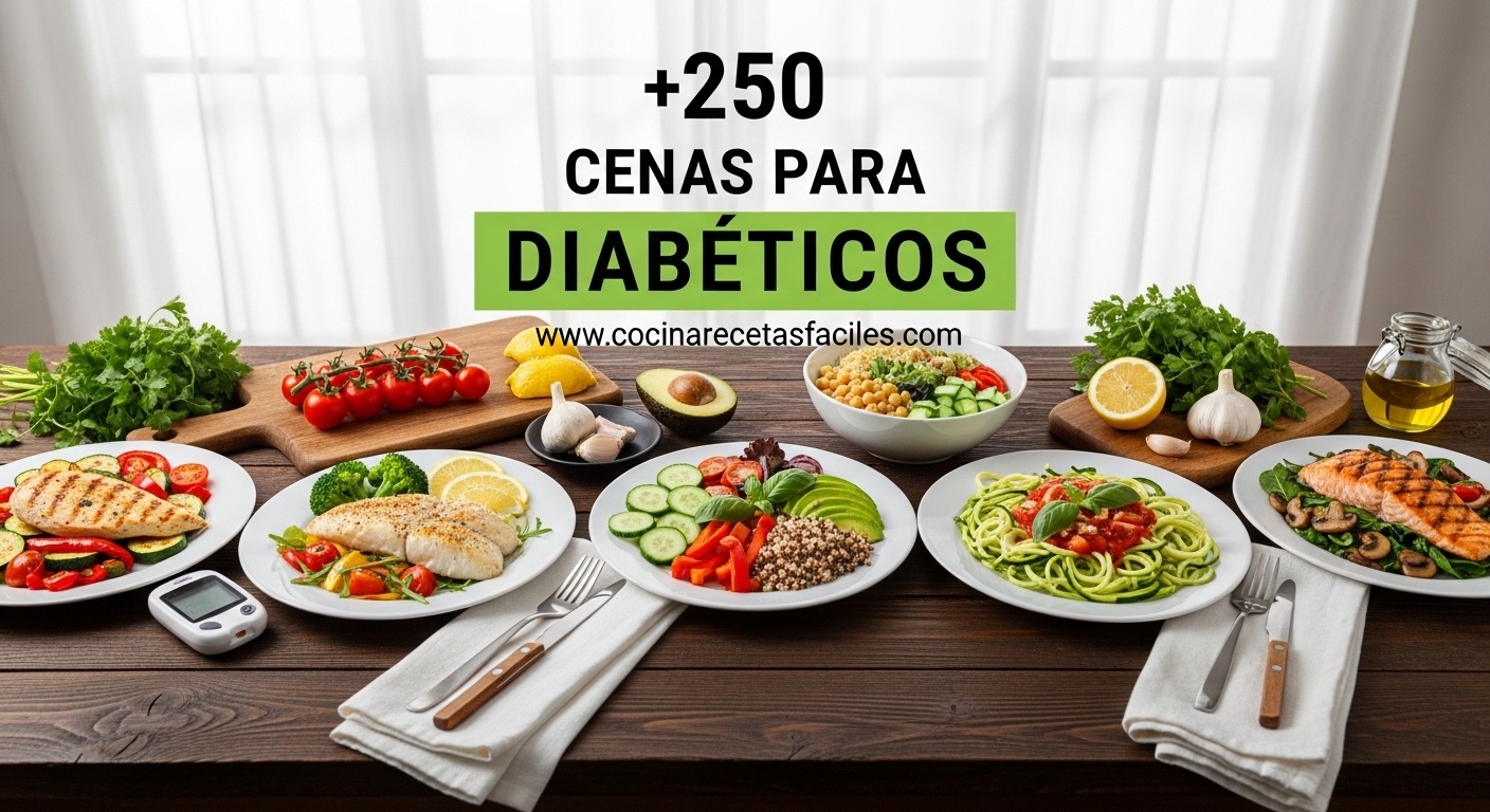 Platos de cenas saludables para diabéticos sobre mesa de madera: pollo a la parrilla con verduras, pescado al horno con brócoli, bowl de garbanzos con aguacate, espaguetis de calabacín y salmón con espinacas, con glucómetro visible