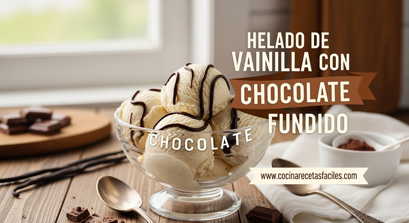 Helado cremoso de vainilla con chocolate fundido servido en copa de cristal sobre mesa de madera rústica, mostrando textura artesanal con motas de vainilla natural y remolinos de chocolate brillante