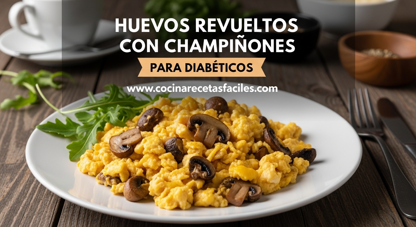 Plato de huevos revueltos cremosos con champiñones salteados dorados, guarnecido con perejil fresco, servido en un plato blanco sobre una encimera de madera rústica cerca de una ventana con luz natural