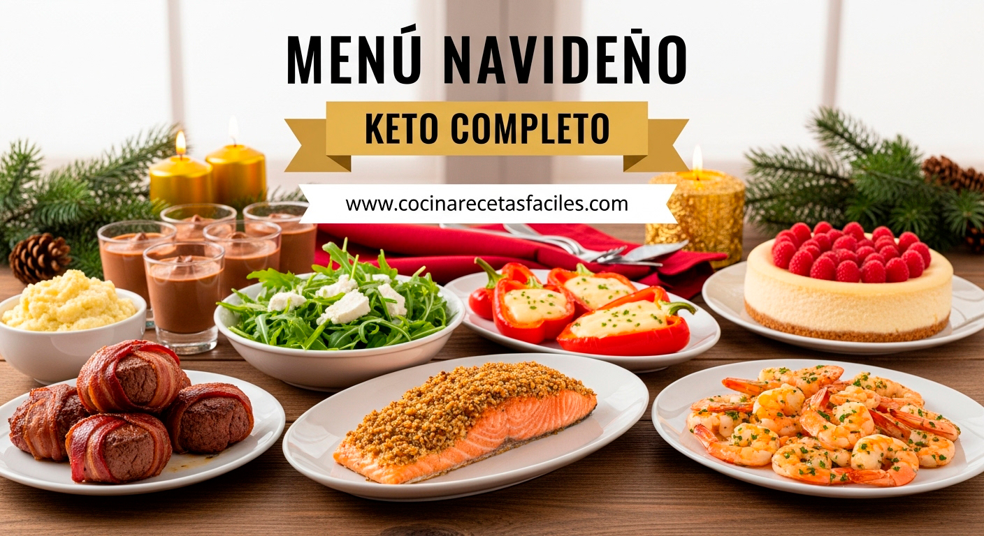 Mesa navideña con menú keto completo incluyendo salmón con costra de frutos secos, medallones de lomo envueltos en tocino, pimientos rellenos, puré de coliflor, ensalada festiva y postres sin azúcar sobre tabla rústica de madera