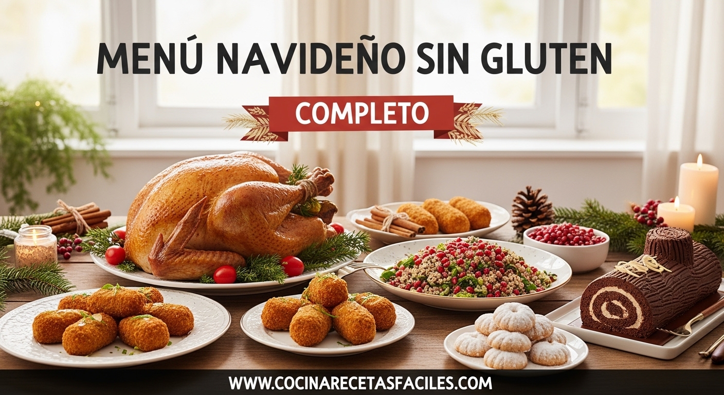 Mesa navideña con menú completo sin gluten mostrando pavo relleno dorado, croquetas crujientes, ensalada de quinoa, tronco de Navidad de chocolate y polvorones caseros sobre tabla de madera rústica con decoración festiva