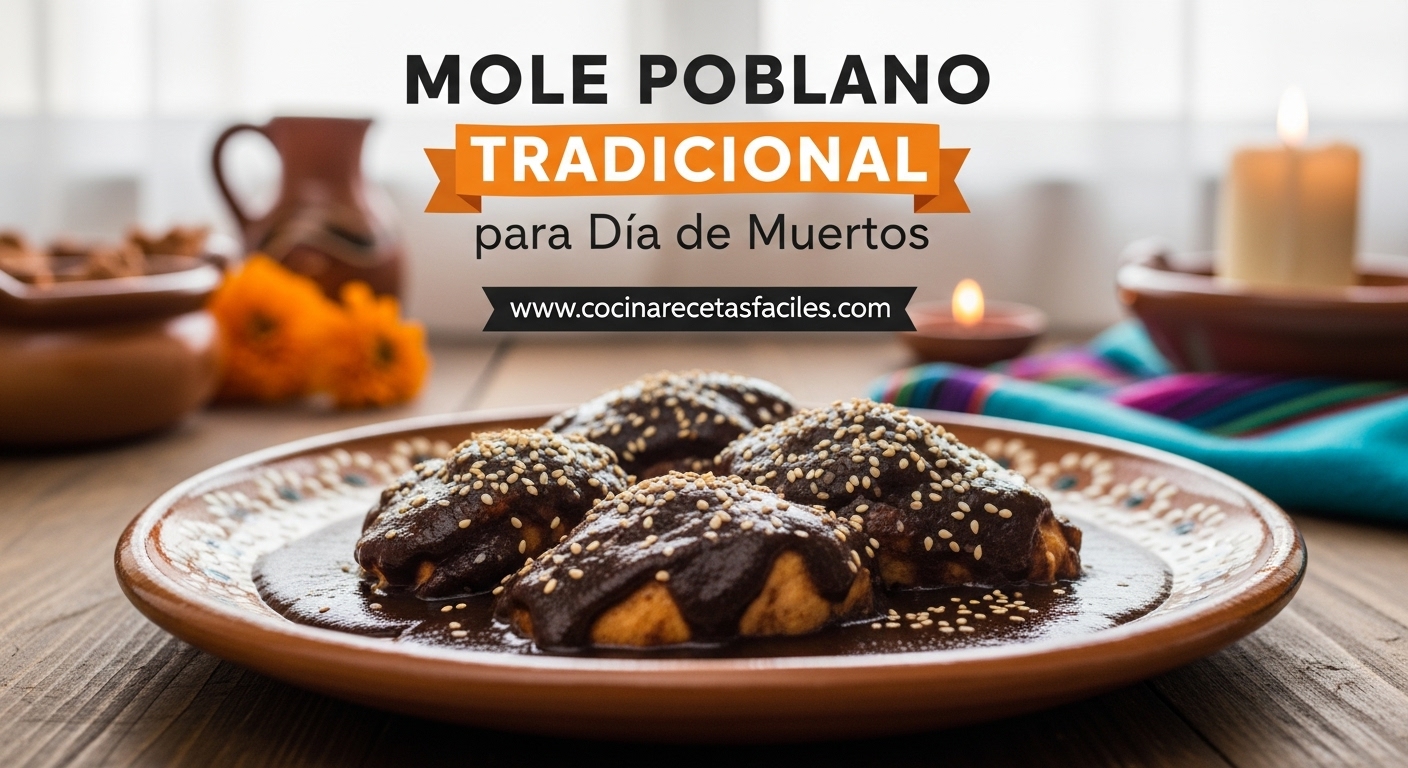 Mole poblano tradicional para Día de Muertos servido en plato de barro con ajonjolí