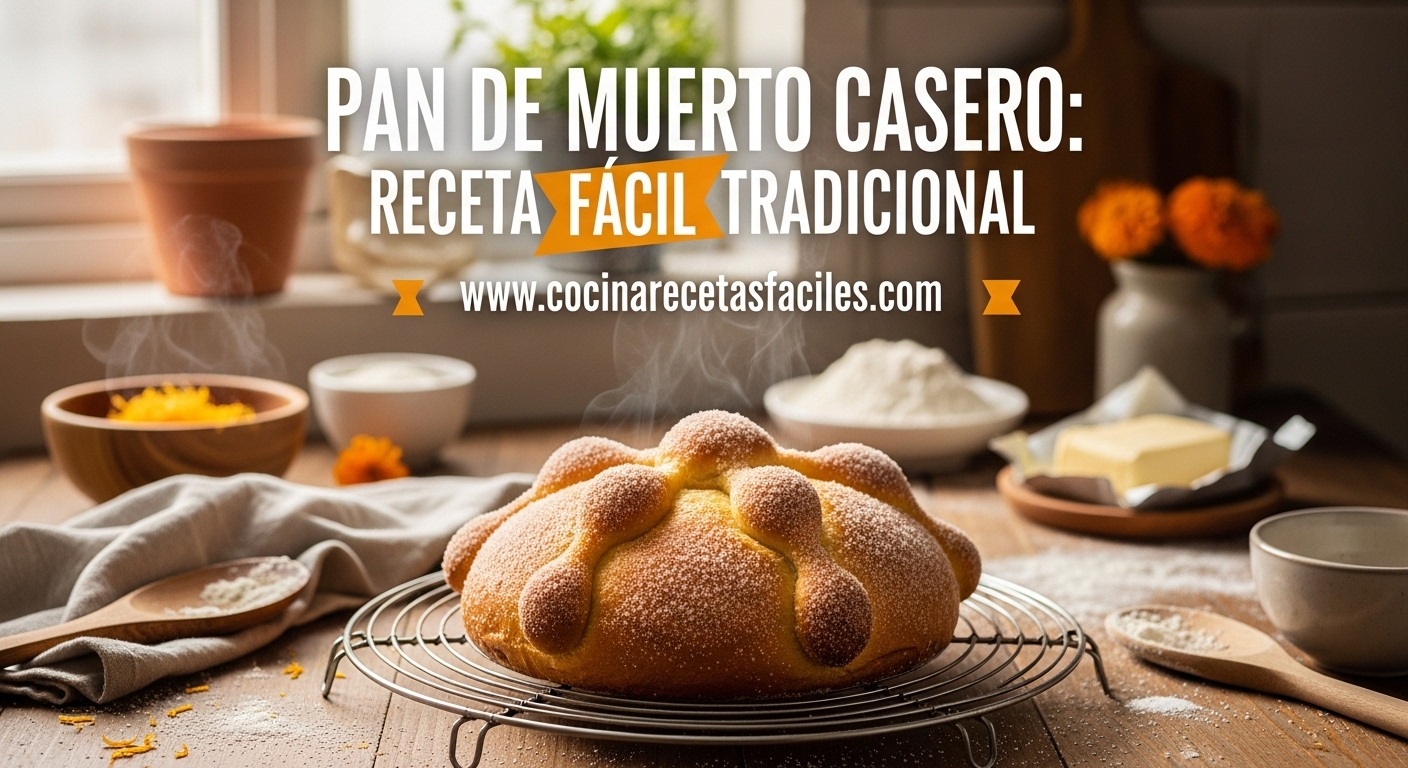 Pan de muerto casero tradicional mexicano con decoración de huesos y azúcar espolvoreada sobre mesa de madera rústica