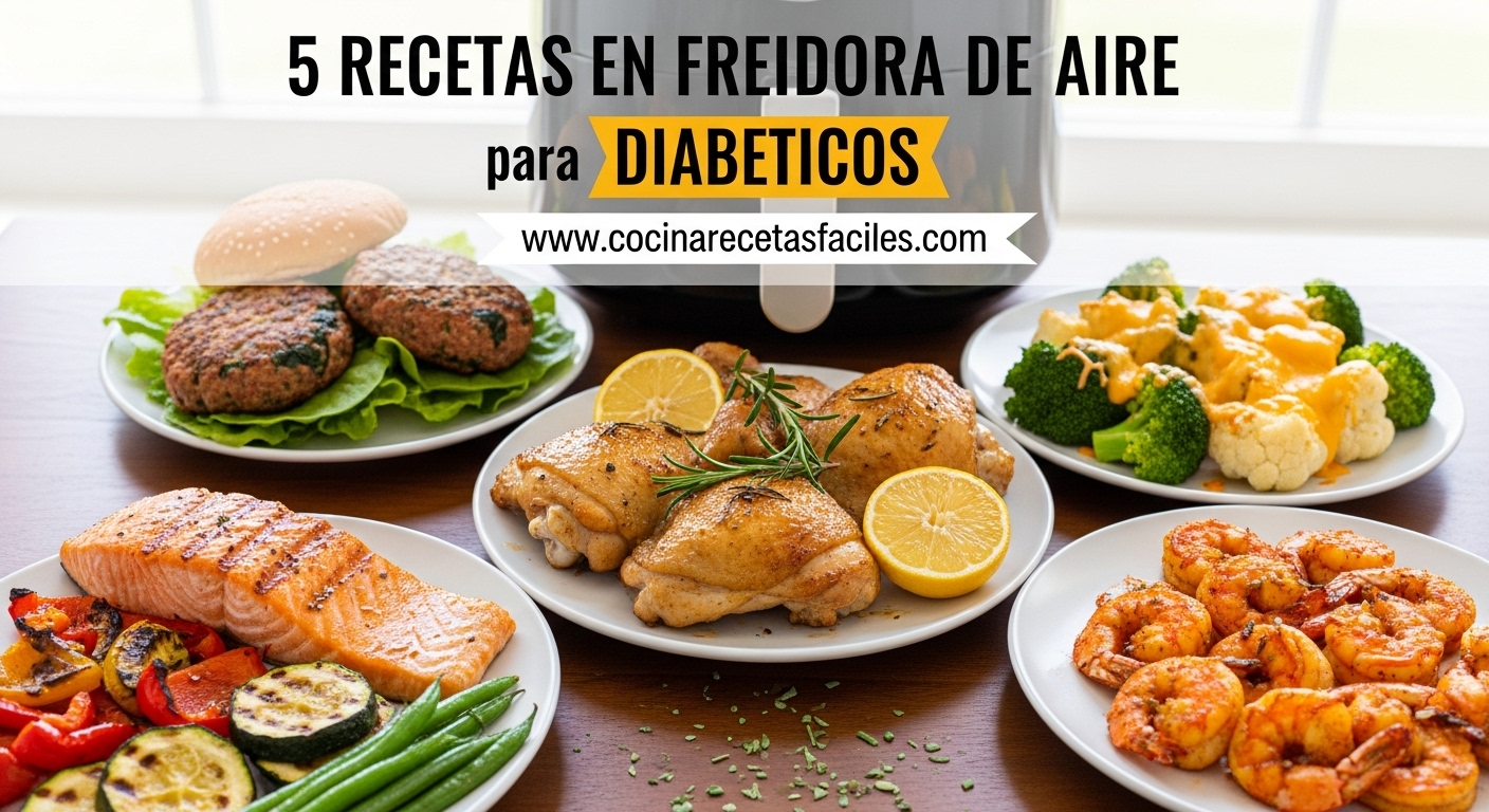 Cinco platos diferentes preparados en freidora de aire sobre mesa de madera: muslos de pollo crujientes con limón, salmón glaseado con vegetales, hamburguesas de pavo con espinacas, camarones especiados estilo cajún y brócoli gratinado con queso, recetas saludables para personas diabéticas