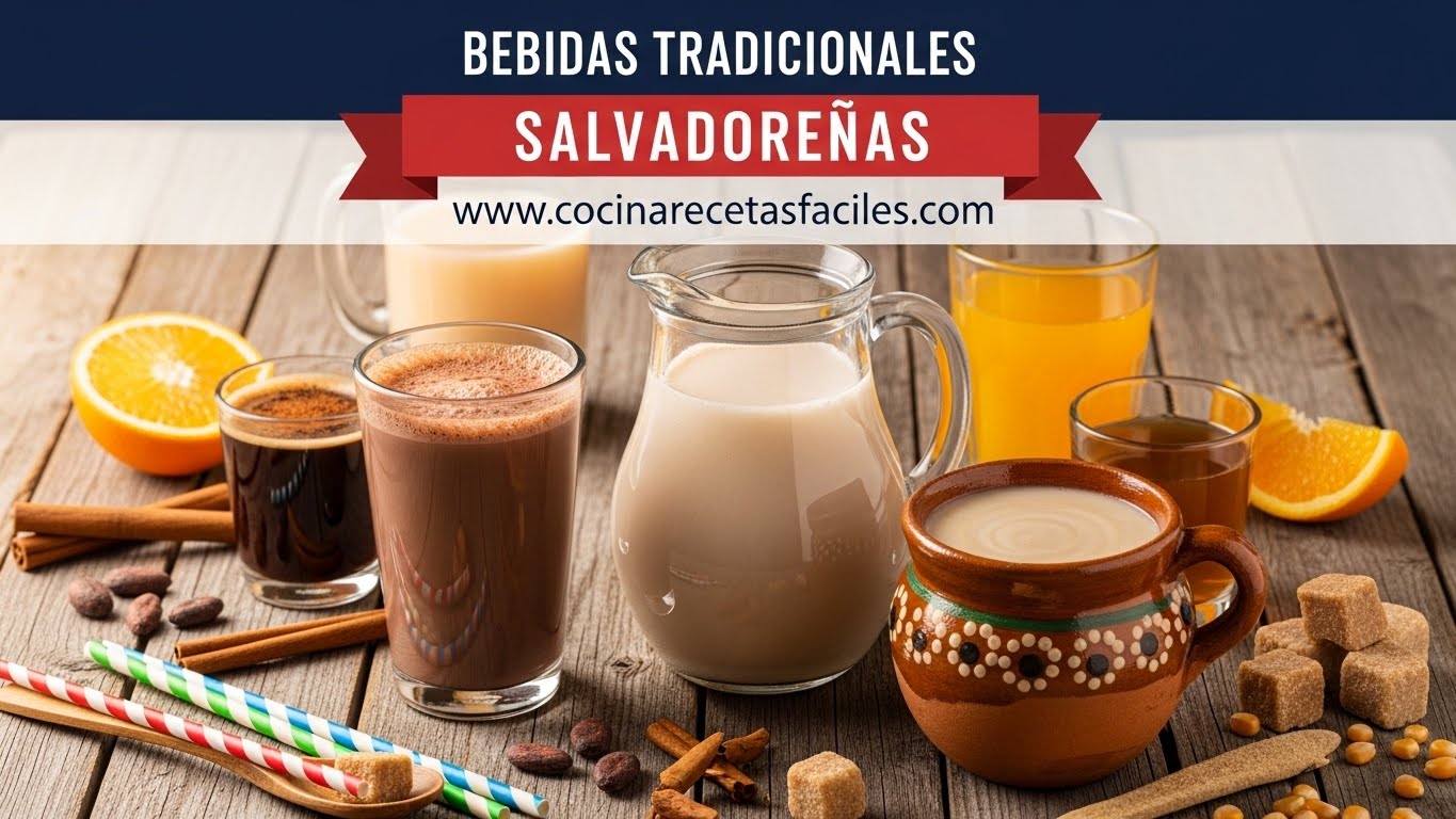 Jarra con horchata salvadoreña, taza de barro con atol de elote, vaso con chocolate caliente y bebidas tradicionales sobre mesa de madera con canela y frutas frescas