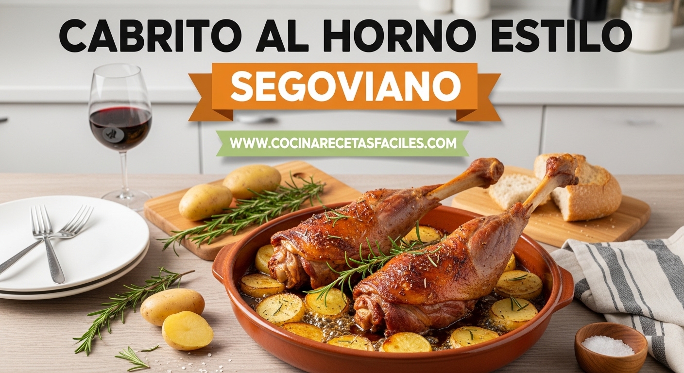Cabrito al horno estilo segoviano en cazuela de barro con patatas asadas y romero fresco sobre mesa de madera rústica