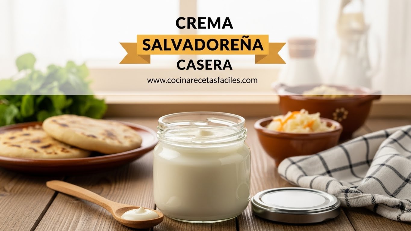 Frasco de vidrio con crema salvadoreña casera de textura espesa y color blanco cremoso, fotografiado sobre mesa de madera rústica junto a pupusas tradicionales y cuchara de madera