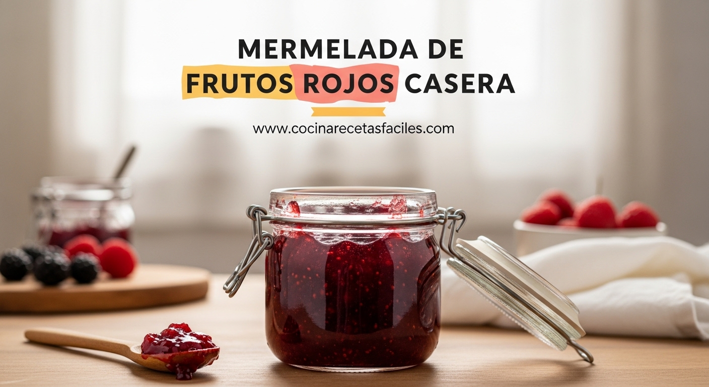Tarro de cristal con mermelada casera de frutos rojos sobre mesa de madera rústica con frambuesas y moras frescas