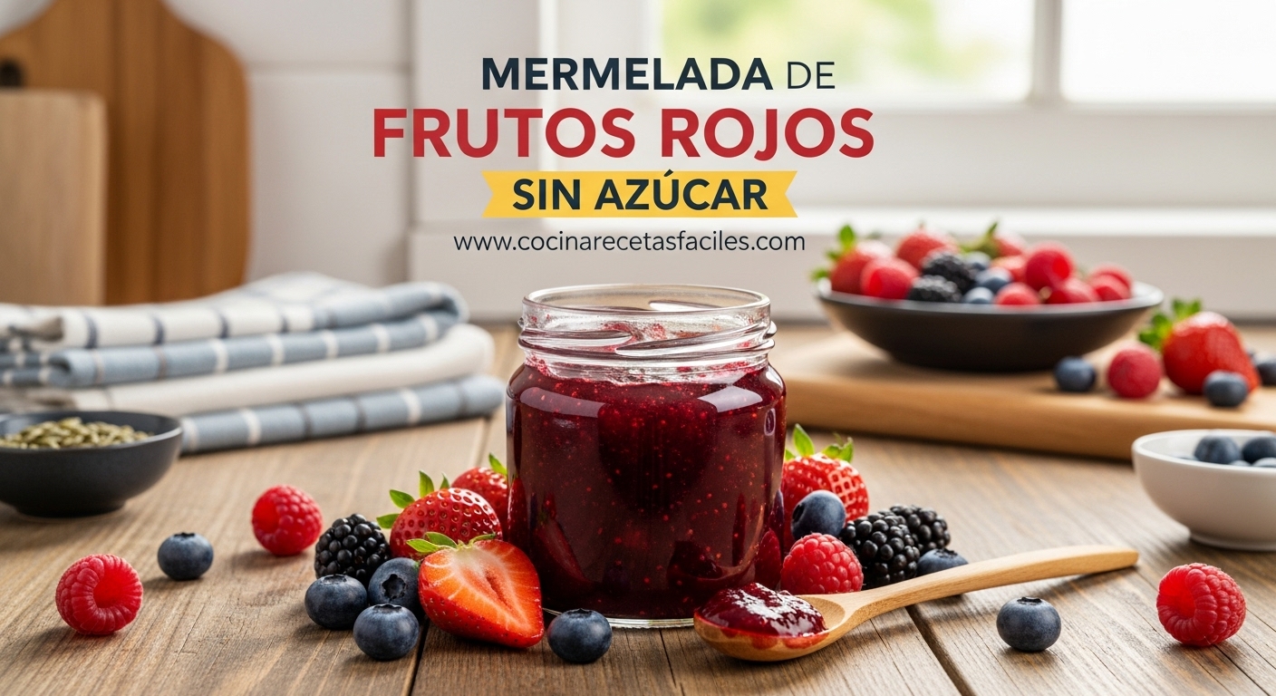 "Fotografía profesional de mermelada de frutos rojos sin azúcar con frutos frescos alrededor sobre encimera de madera."